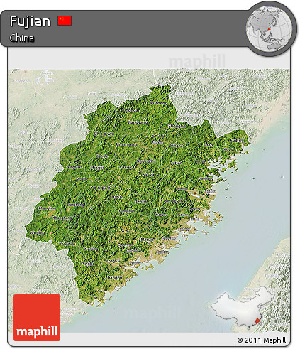 Satellite 3D Map of Fujian, lighten
