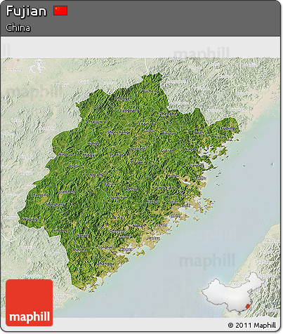 Satellite 3D Map of Fujian, lighten
