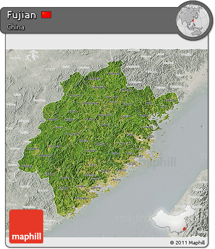Satellite 3D Map of Fujian, lighten, semi-desaturated