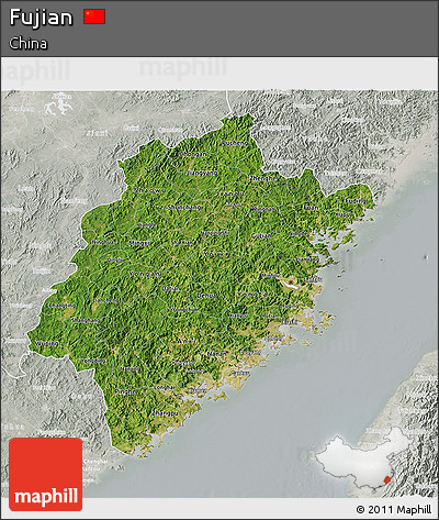 Satellite 3D Map of Fujian, lighten, semi-desaturated