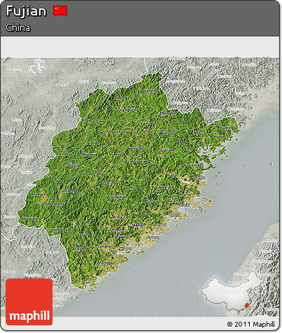 Satellite 3D Map of Fujian, lighten, semi-desaturated