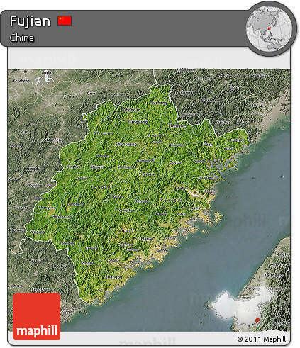 Satellite 3D Map of Fujian, semi-desaturated