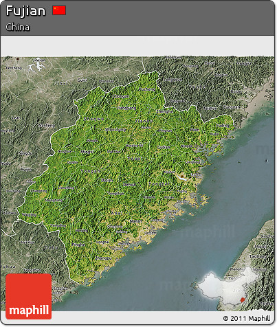 Satellite 3D Map of Fujian, semi-desaturated