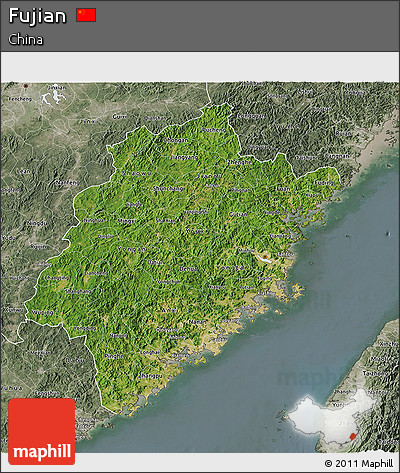 Satellite 3D Map of Fujian, semi-desaturated