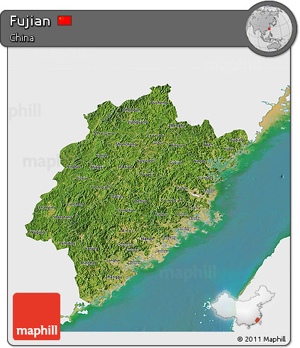 Satellite 3D Map of Fujian, single color outside