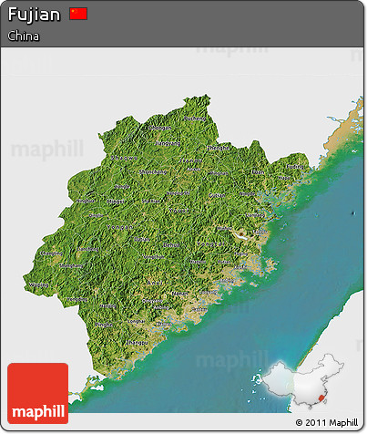 Satellite 3D Map of Fujian, single color outside