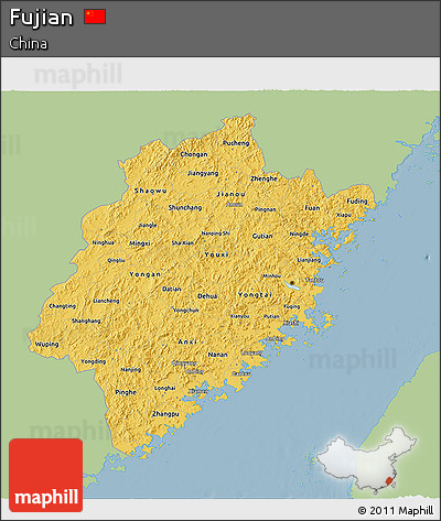 Savanna Style 3D Map of Fujian, single color outside
