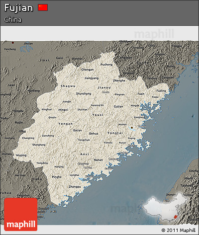Shaded Relief 3D Map of Fujian, darken