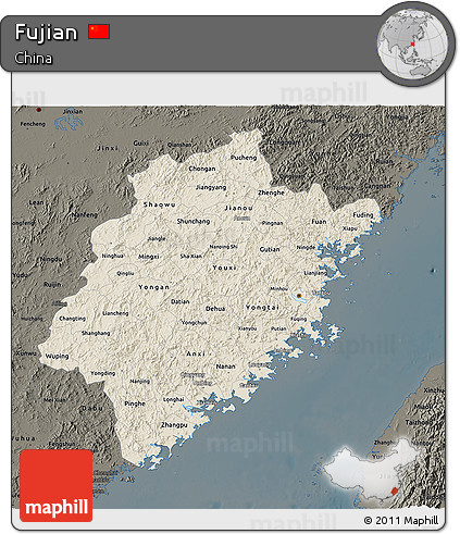 Shaded Relief 3D Map of Fujian, darken