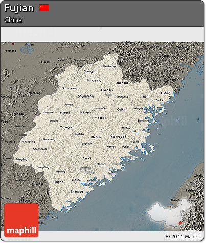 Shaded Relief 3D Map of Fujian, darken