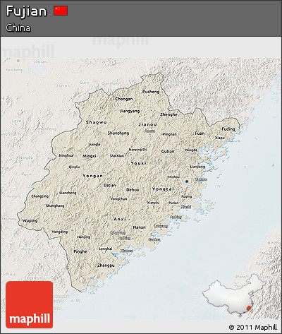 Shaded Relief 3D Map of Fujian, lighten
