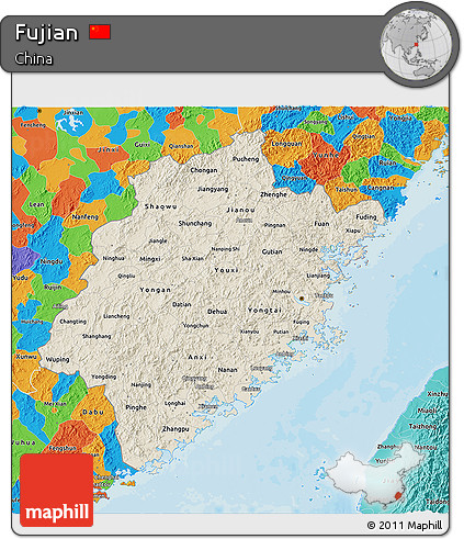 Shaded Relief 3D Map of Fujian, political outside