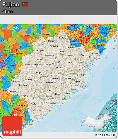 Shaded Relief 3D Map of Fujian, political outside