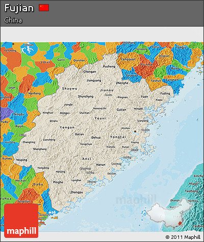 Shaded Relief 3D Map of Fujian, political outside