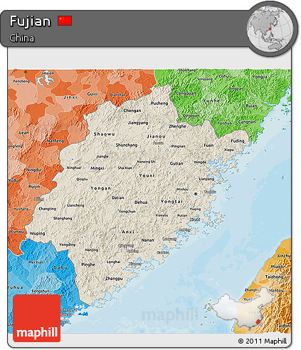 Shaded Relief 3D Map of Fujian, political shades outside
