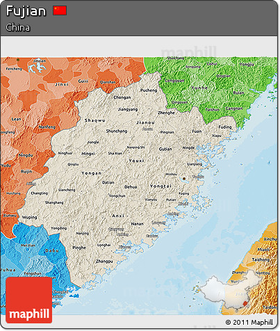 Shaded Relief 3D Map of Fujian, political shades outside