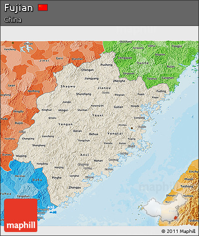 Shaded Relief 3D Map of Fujian, political shades outside