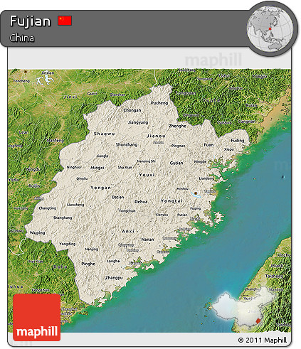 Shaded Relief 3D Map of Fujian, satellite outside