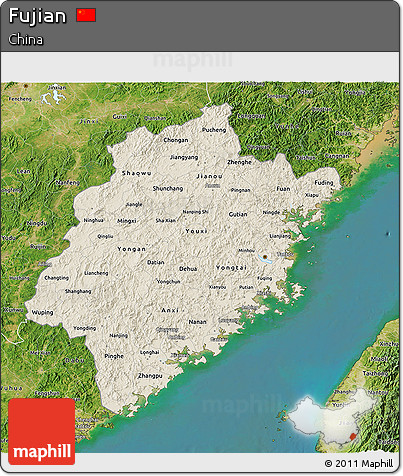 Shaded Relief 3D Map of Fujian, satellite outside