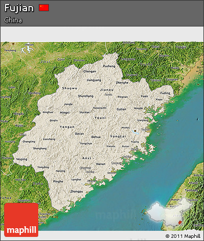 Shaded Relief 3D Map of Fujian, satellite outside