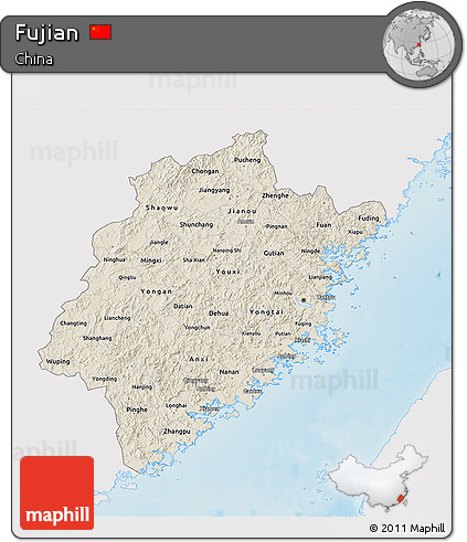 Shaded Relief 3D Map of Fujian, single color outside