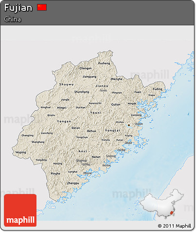 Shaded Relief 3D Map of Fujian, single color outside