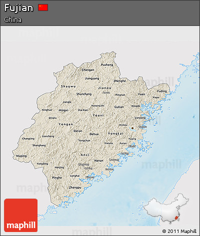 Shaded Relief 3D Map of Fujian, single color outside