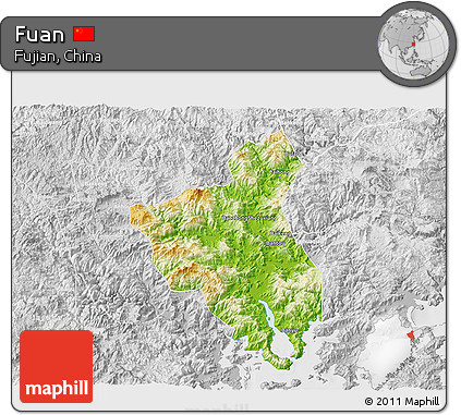 Physical 3D Map of Fuan, lighten, desaturated