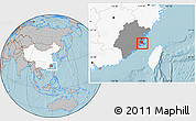 Gray Location Map of Fuqing, highlighted country, highlighted parent region, hill shading