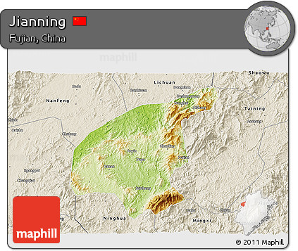 Physical 3D Map of Jianning, shaded relief outside
