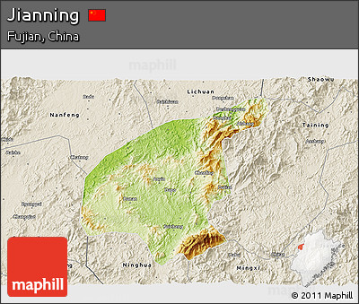Physical 3D Map of Jianning, shaded relief outside
