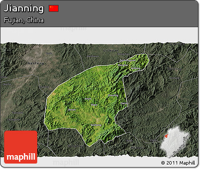 Satellite 3D Map of Jianning, darken, semi-desaturated