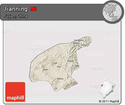 Shaded Relief 3D Map of Jianning, cropped outside