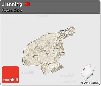 Shaded Relief 3D Map of Jianning, cropped outside