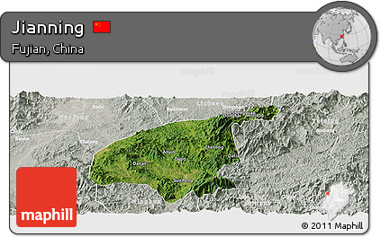 Satellite Panoramic Map of Jianning, lighten, semi-desaturated