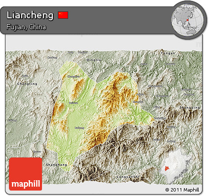 Physical 3D Map of Liancheng, semi-desaturated