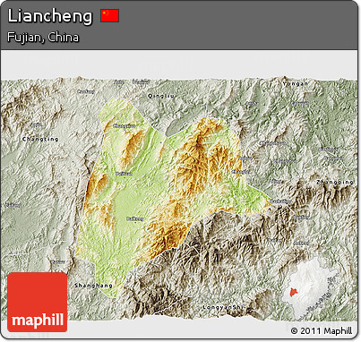 Physical 3D Map of Liancheng, semi-desaturated