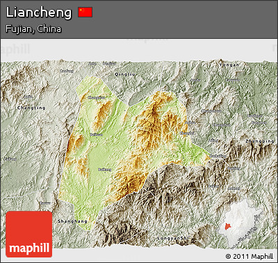 Physical 3D Map of Liancheng, semi-desaturated