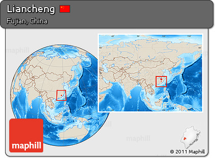 Shaded Relief Location Map of Liancheng, within the entire country