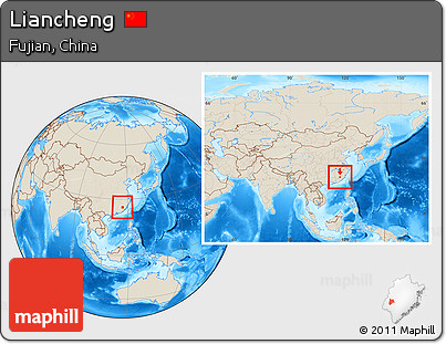 Shaded Relief Location Map of Liancheng, within the entire country