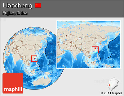 Shaded Relief Location Map of Liancheng, highlighted parent region, within the entire country