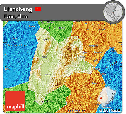 Physical Map of Liancheng, political outside