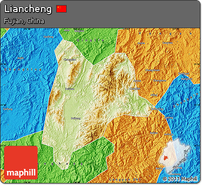 Physical Map of Liancheng, political outside