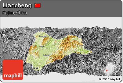 Physical Panoramic Map of Liancheng, darken, desaturated