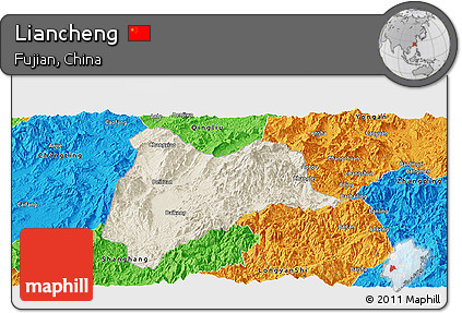 Shaded Relief Panoramic Map of Liancheng, political outside