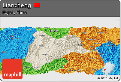 Shaded Relief Panoramic Map of Liancheng, political outside