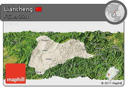 Shaded Relief Panoramic Map of Liancheng, satellite outside