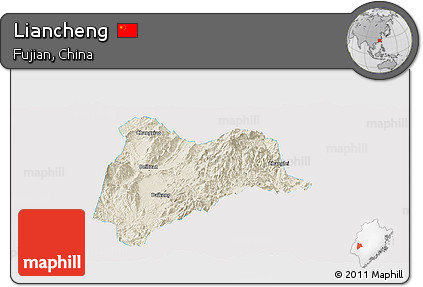Shaded Relief Panoramic Map of Liancheng, single color outside