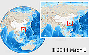 Shaded Relief Location Map of Fujian, highlighted country, within the entire country