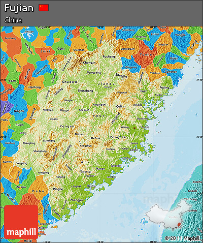 Physical Map of Fujian, political outside
